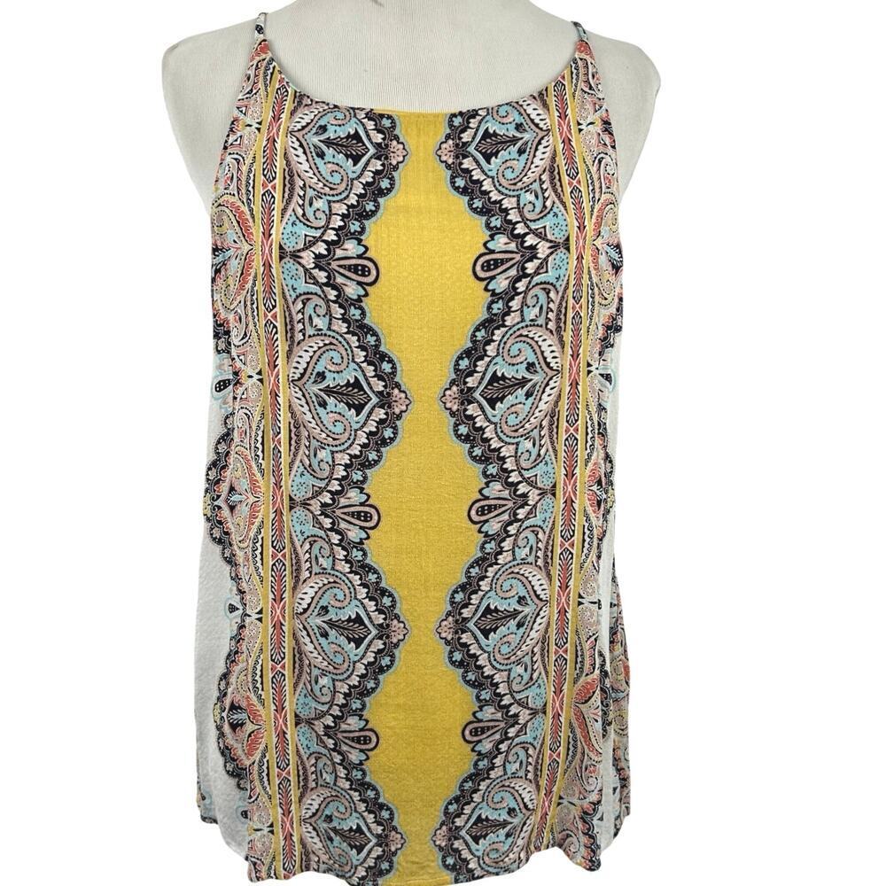 Verse Boho Paisley Sleeveless Tank Top Yellow Tribal Print Lightweight Medium